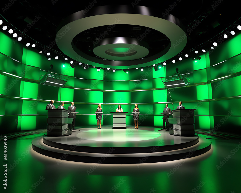 Generative AI Four empty chairs in a studio with green screen