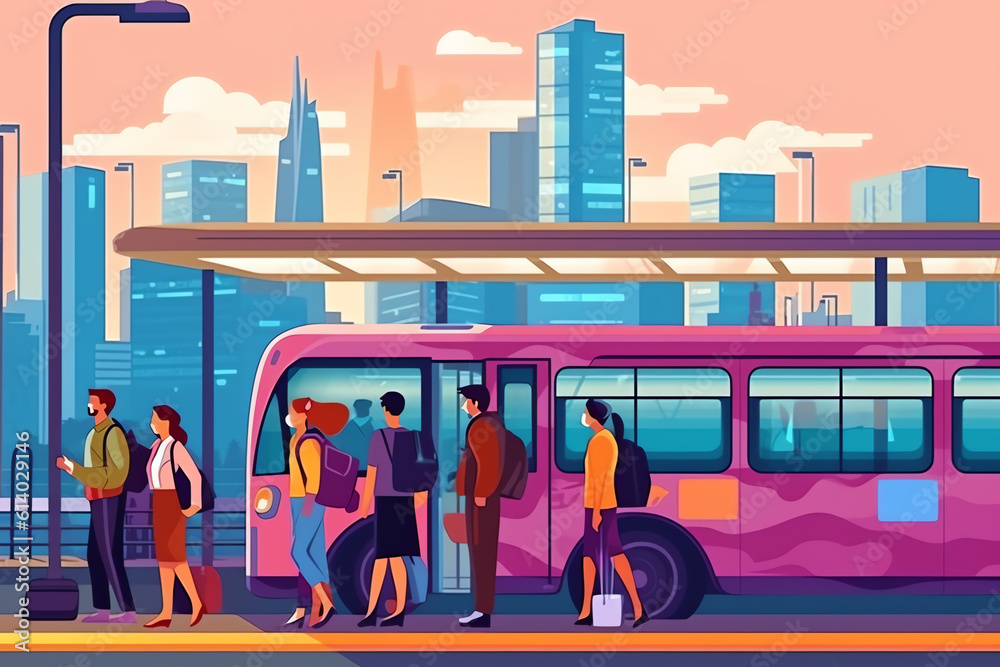 Generative AI People sitting at the bus stop. Flat design vector illustration.