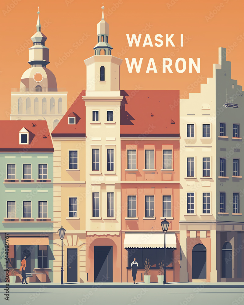 Generative AI Warsaw, Poland - June 22, 2022: Cultural city center. Diverse architecture. Landmark view. Sunlight street with chapel old and modern buildings among green trees daylight.