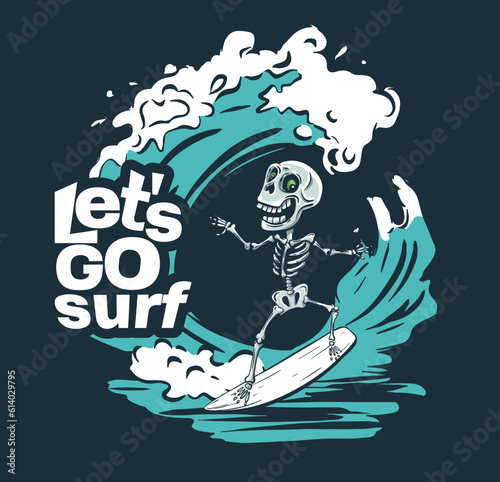 Skeleton surfer adventure cool summer t-shirt print. Skull bones ride