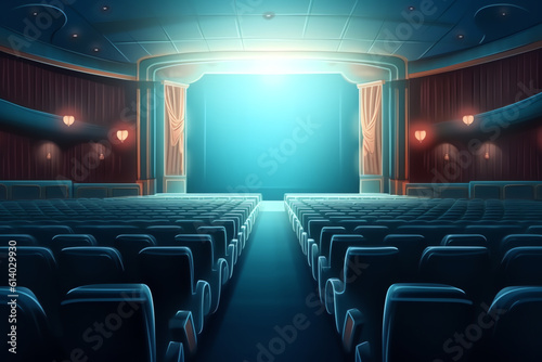 Generative AI Empty blue cinema with white screen and seats. Side view