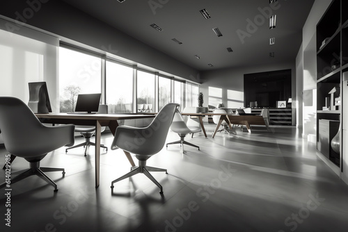 Generative AI Modern office interior with black chairs and white furniture in morning day.