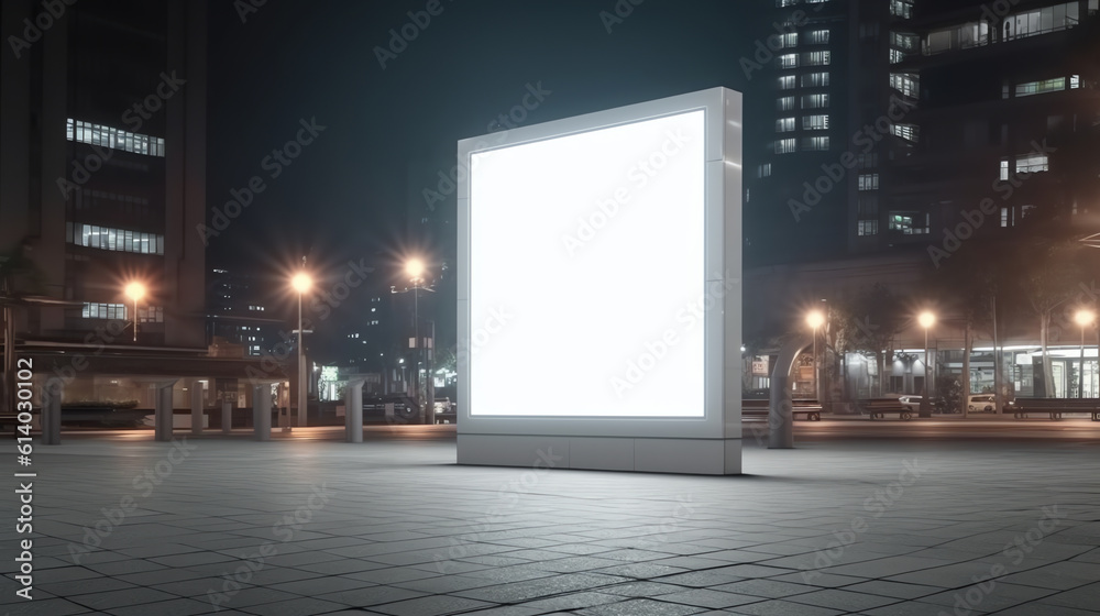 Generative AI 3d Blank billboard on bus stop at night with copy space