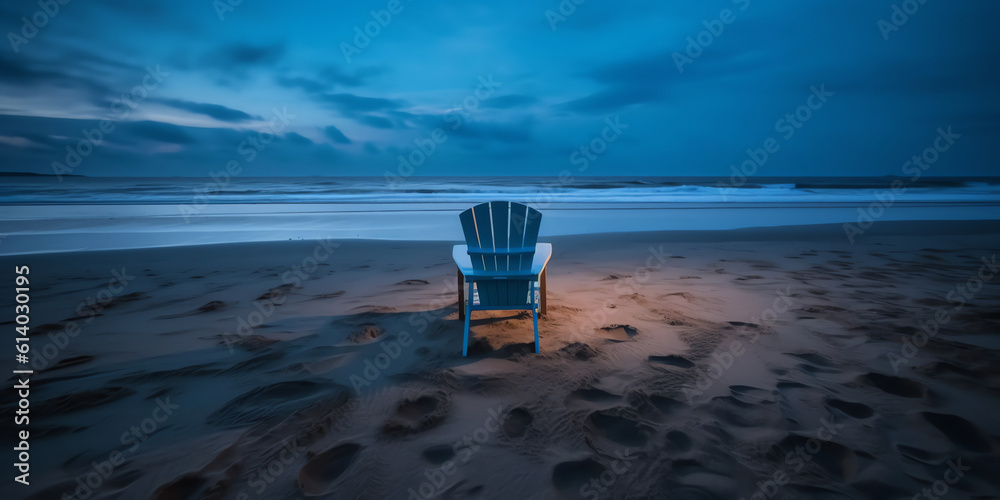 Generative AI Empty chairs on sandy beach at sunrise or sunset - relaxation concept Generative AI Empty chairs on sandy beach at sunrise or sunset - relaxation concept