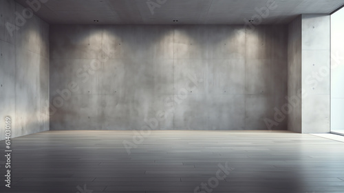 Generative AI 3d rendering of empty concrete room with light and shadow on the curve wall. © Generative AI