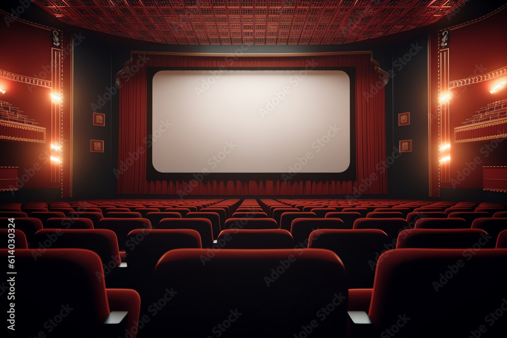 Fototapeta premium Generative AI Cinema auditorium with screen and red seats. Vector.