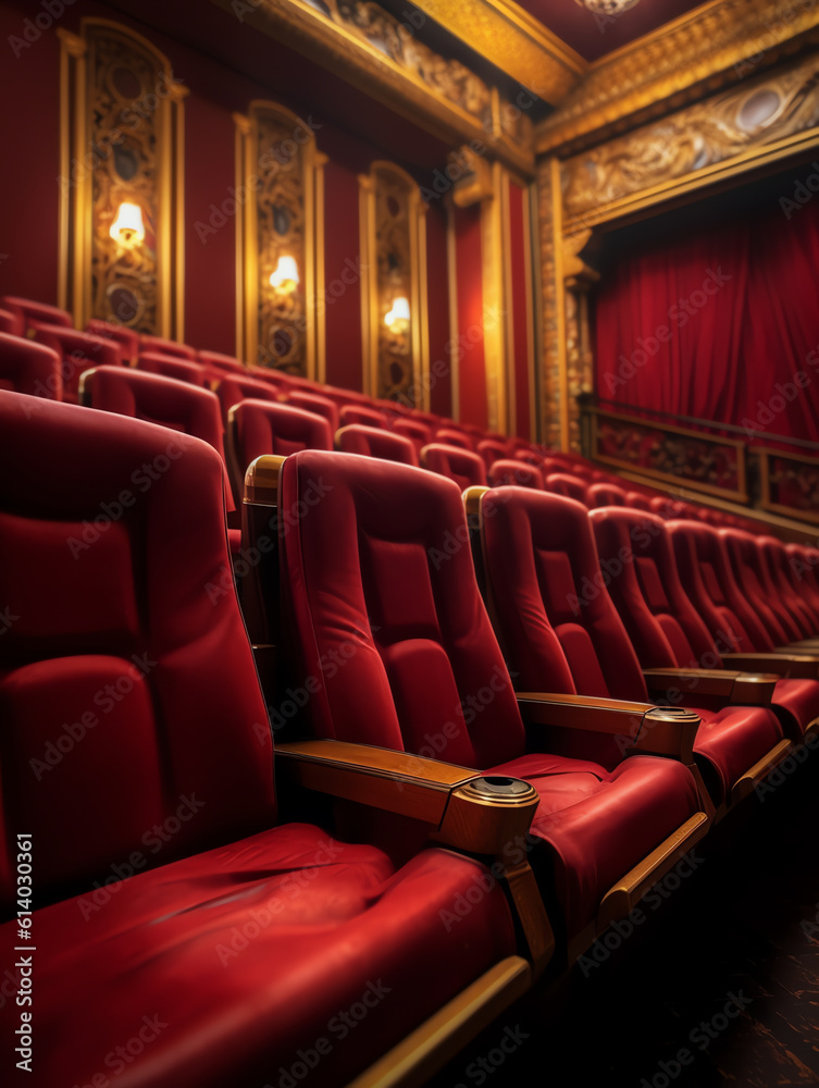 Fototapeta premium Generative AI Rows of red velvet seats watching movies in the cinema with copy space banner background. Entertainment and Theater concept. 3D illustration rendering
