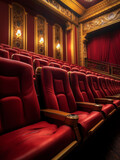 Generative AI Rows of red velvet seats watching movies in the cinema with copy space banner background. Entertainment and Theater concept. 3D illustration rendering