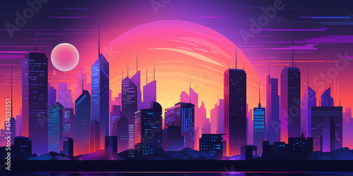 Generative AI Road to night city, empty highway and glowing skyline with futuristic urban architecture, megapolis infrastructure with modern skyscraper buildings, purple neon background, Cartoon vecto © Generative AI