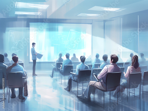 Generative AI Empty Classroom or conference room with projector and screen light inside windows,blue tone