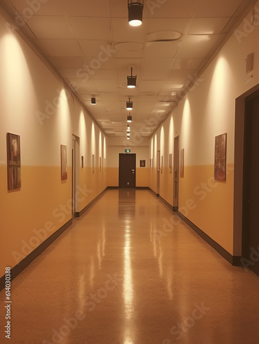 Generative AI High School hallway corridor in College or university empty hall at classroom  no people student while closed quarantine in situation of Covid-19 disease outbreak result in inability org