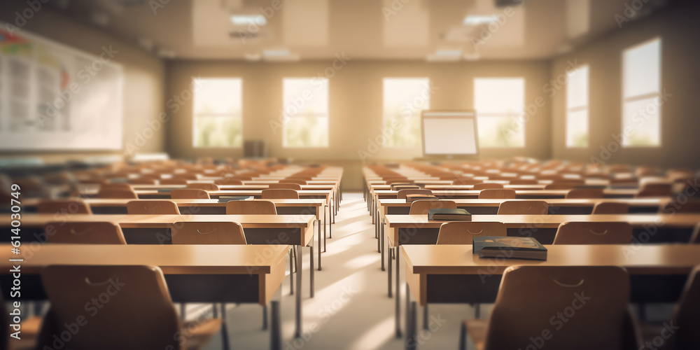 Generative AI Empty chairs and tables in classroom No people in school classroom