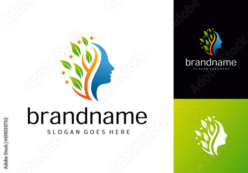 Face silhouette logo with twigs and leaves for mental health and wellness psychology