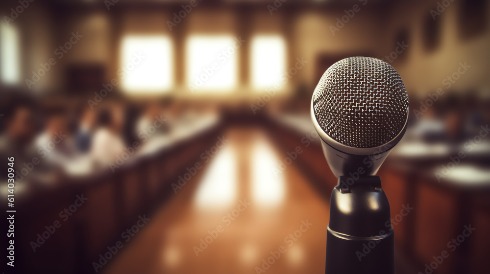 Generative AI Microphone at the podium with empty pews Generative AI Microphone at the podium with empty pews