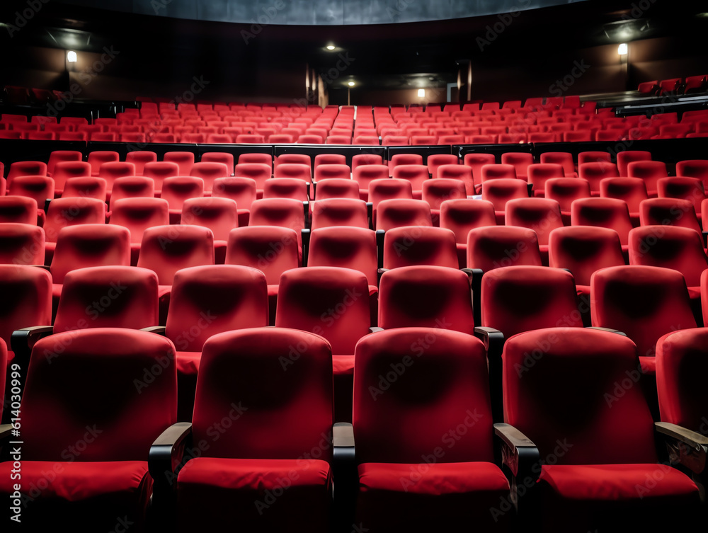 Fototapeta premium Generative AI Empty comfortable red seats with numbers in cinema
