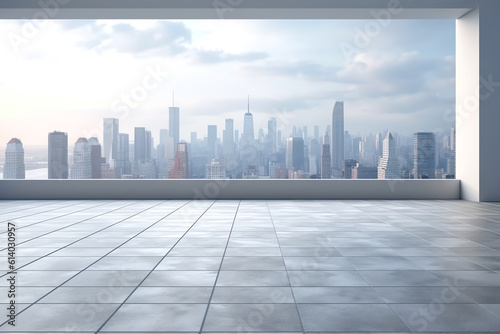 Fotografiet Generative AI empty brick floor with city skyline background
