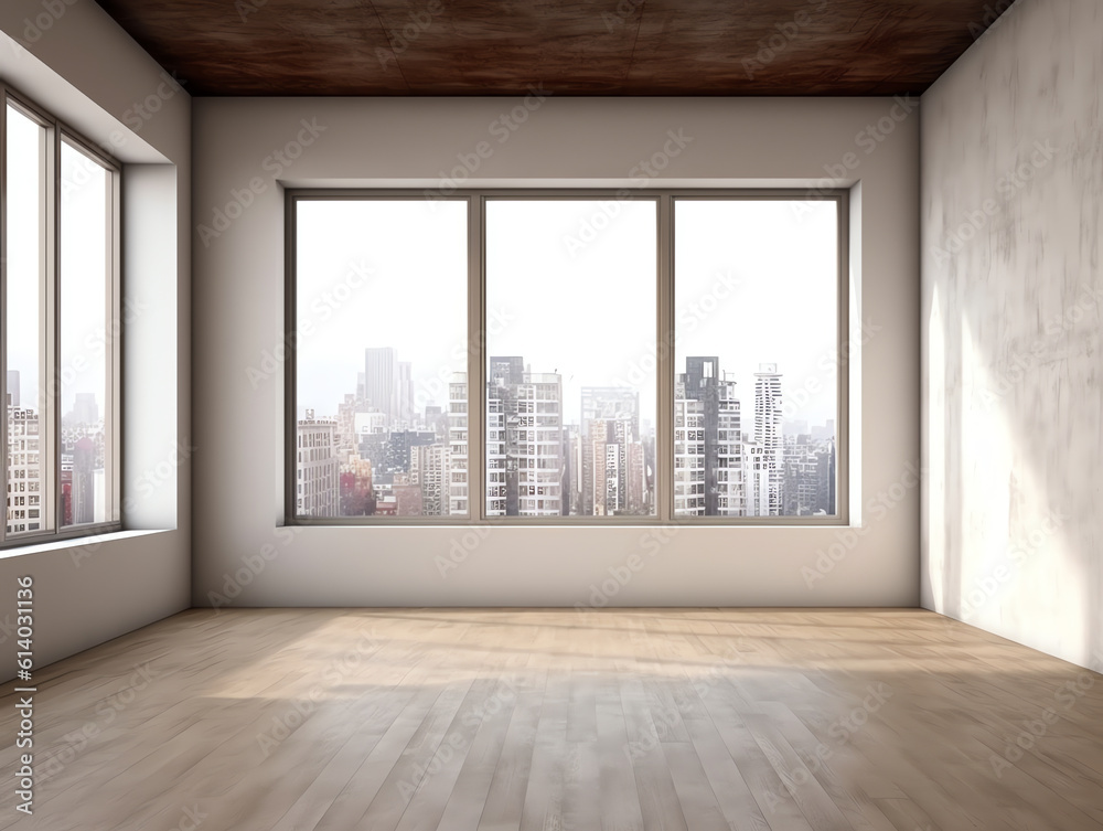 Obraz premium Generative AI Interior of empty attic room with gray and dark wooden walls, tiled floor and panoramic window with blurry cityscape. Concept of real estate. 3d rendering