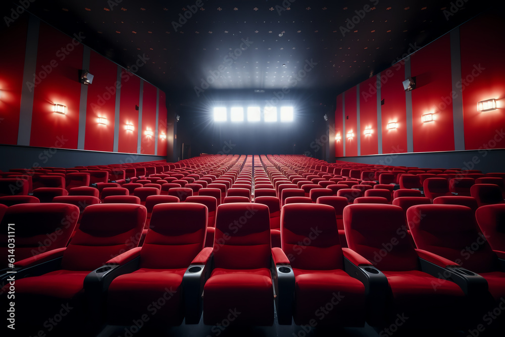 Fototapeta premium Generative AI Cinema auditorium with red seats and white blank screen