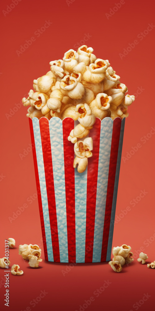Generative AI Smartphone with white screen, Cinema chairs, Popcorn and Cola on blue background. Online cinema, movie from home concept. 3d rendering