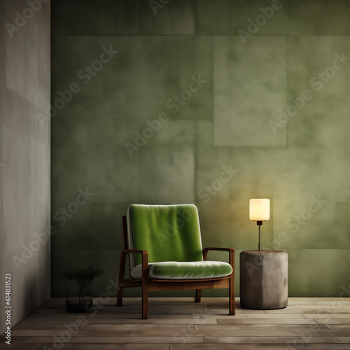 Generative AI Living room interior room concrete wall mockup has an armchair on empty dark wall background.3d rendering