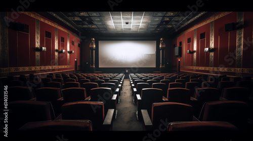 Generative AI Empty movie theatre interior with screen and seats.