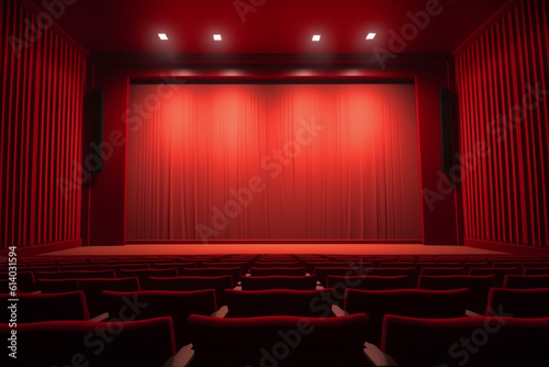 Generative AI Empty cinema auditorium with line of red chairs, stage and projection screen. Ready for adding your own picture.