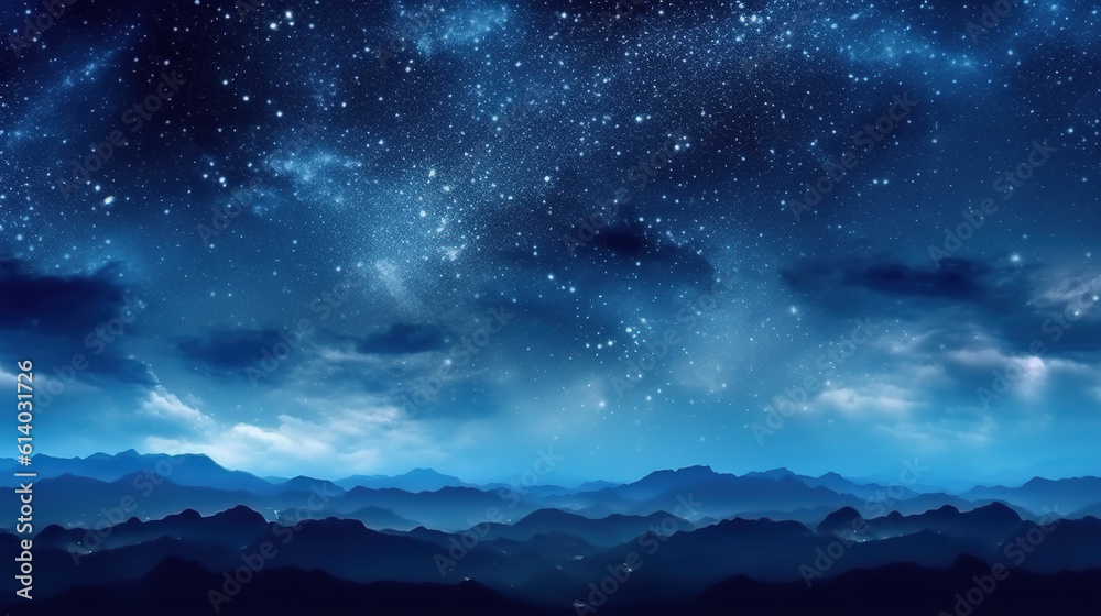 Panorama dark blue night sky. Milky way and stars on dark background