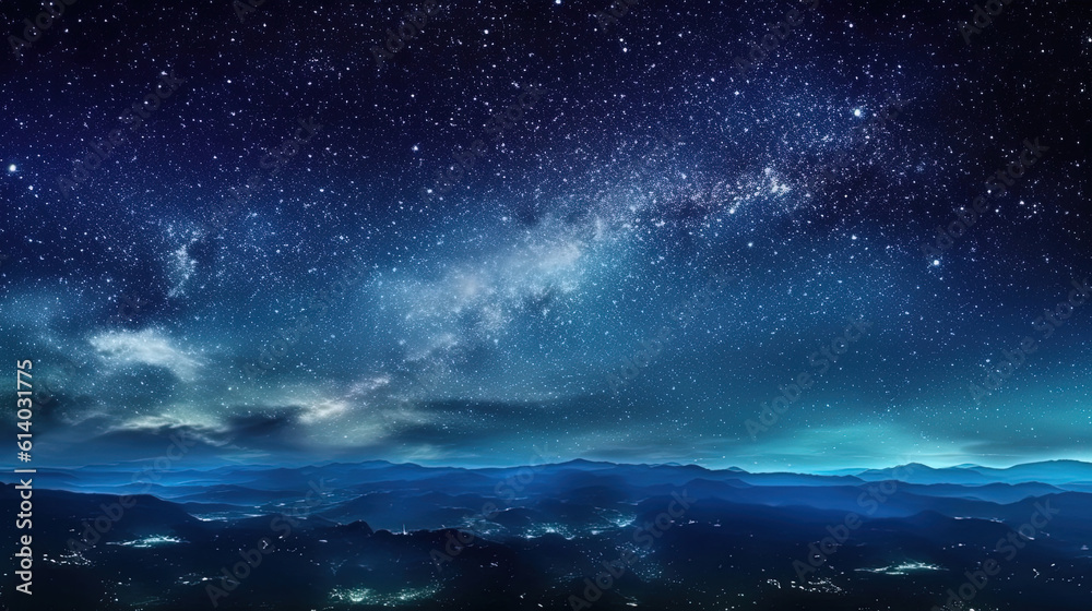 Panorama dark blue night sky. Milky way and stars on dark background