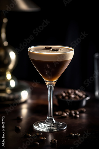 Espresso martini cocktail delicious alcohol drink dessert cocktail. Cocktails garnished with coffee beans. Classy intimately lit Bar. Realistic 3D illustration. Generative AI