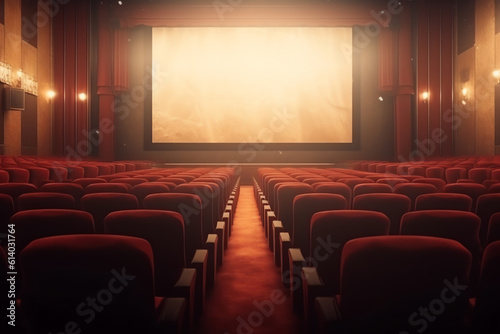 Generative AI Interior of empty cinema with rows of red seats with cup holders and popcorn. Concept of entertainment. 3d rendering toned image