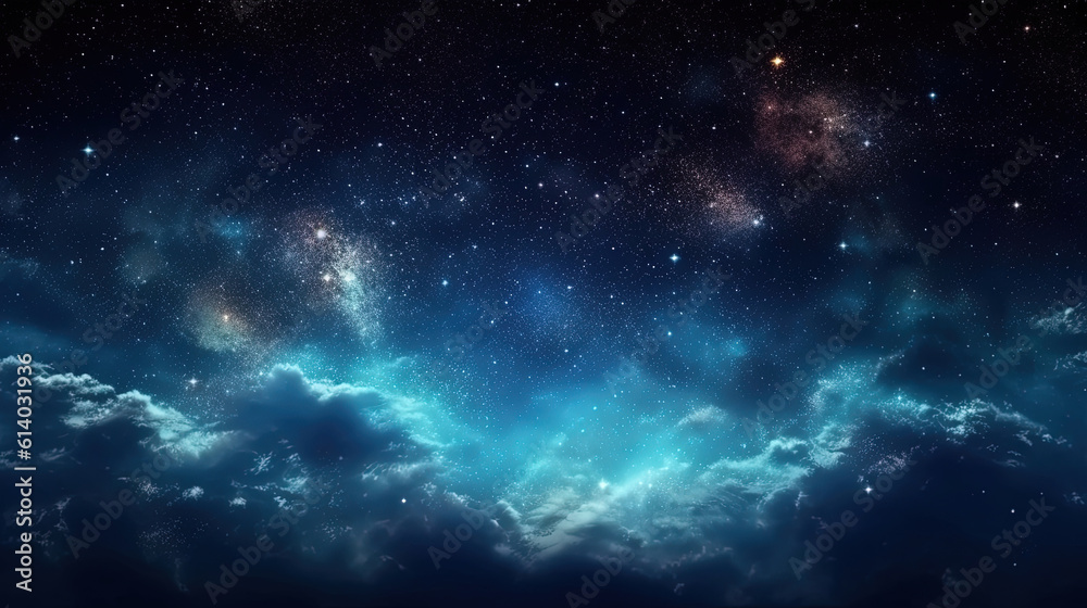 Panorama dark blue night sky. Milky way and stars on dark background