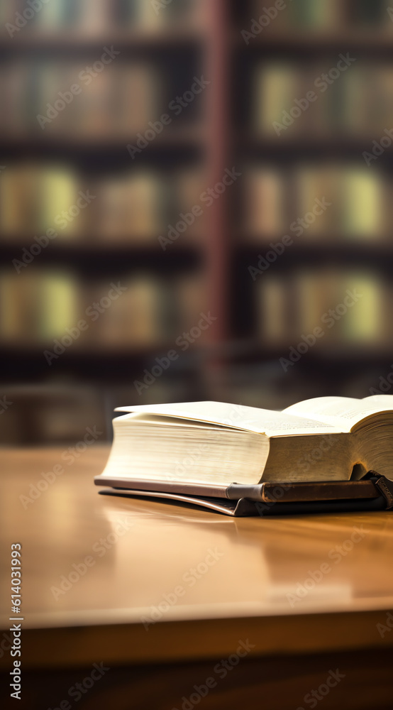 Generative AI Open Book On Wooden Desk With Blurred Empty Classroom Background. Generative AI Open Book On Wooden Desk With Blurred Empty Classroom Background.