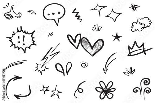 Vector set of hand-drawn cartoony expression sign doodle, curve directional arrows, emoticon effects design elements, cartoon character emotion symbols, cute decorative brush stroke lines.