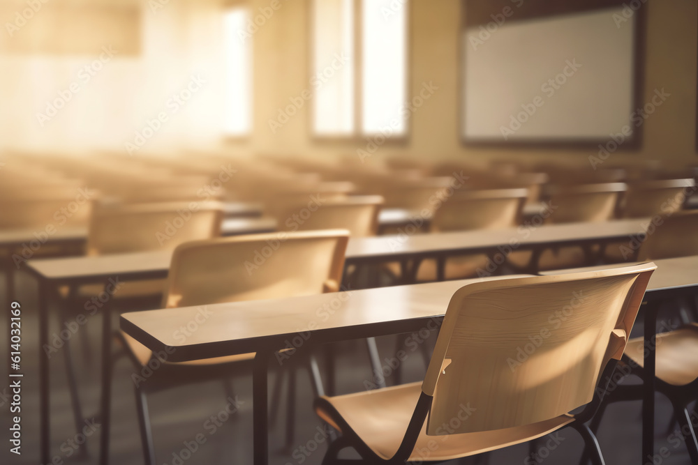 Generative AI Empty classroom with a lot of chair with no student. Empty classroom with vintage tone wooden chairs. Back to school concept.