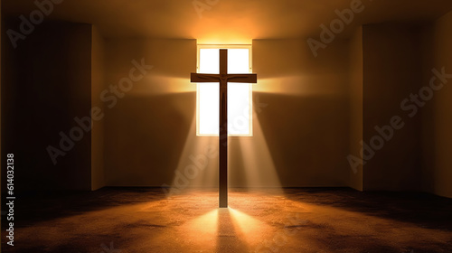 Fotografija Generative AI Cross silhouette on altar near window in dark empty old chapel