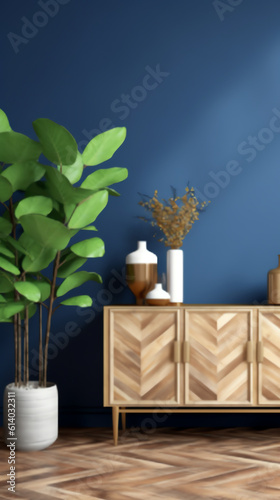 Generative AI Commode with chair and decor in living room interior, dark blue wall mock up background, 3D render