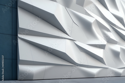 Generative AI Architectural composition, facade detail, wall, against light empty sky - 3D render. Parametric architecture of the future for presentations, graphic design.Abstract geometric unobtrusiv
