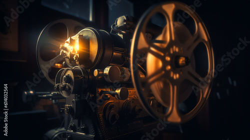 Generative AI Cinema background with movie projector and film reels on a dark background / high contrast image