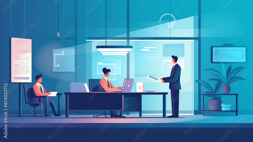 Obraz premium Generative AI Job hire, hr manager, employer invite candidate in office vacant place. Businessman with laptop sit at desk reading applicant cv or head hunting. Human resources recruiting Cartoon vecto