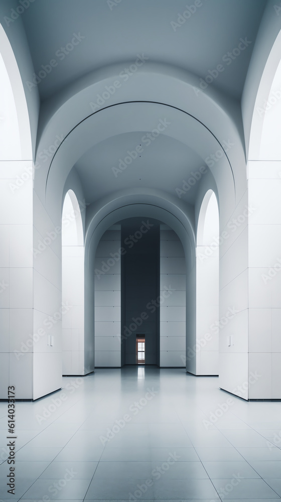 Generative AI View of empty white room with arch design and concrete floor,Museum space, Chapel entrance, Perspective of minimal architecture. 3D render. Generative AI View of empty white room with arch design and concrete floor,Museum space, Chapel entrance, Perspective of minimal architecture. 3D render.