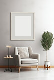 Generative AI Scandinavian style livingroom with gray fabric armchair, golden lamp and plants on empty white wall background. 3d rendering.