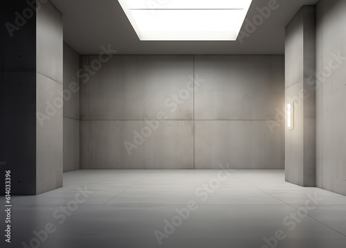 Generative AI Abstract 3d rendering of empty concrete room with light and shadow on the wall.