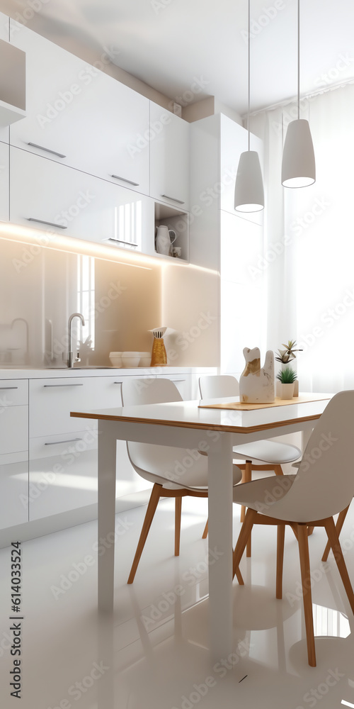 Generative AI Scandinavian classic white kitchen with wooden details, minimalistic interior design. Modern furniture with accessories and various utensils, table and chairs in dinning room, copy space