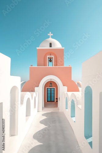 Generative AI Old small chapel with trees in yard religious destination at Kimolos island Chora Cyclades Greece. Whitewashed Orthodox Church with belfry and cross empty cobblestone street. Summer blue photo