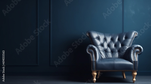 Generative AI Dark blue living room interior with cozy luxury armchair,3d rendering