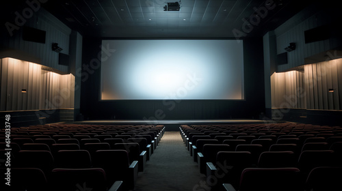 Generative AI Empty movie theater with projection light falling into the lens © Generative AI