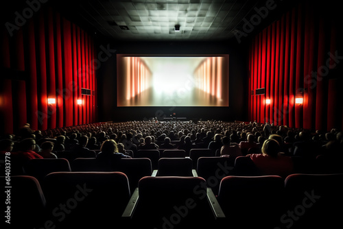 Generative AI Cinema. White screen in the cinema and the audience watching the movie.