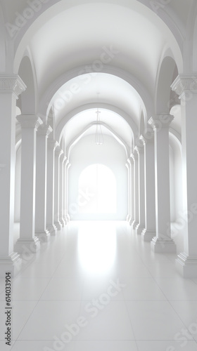 Generative AI View of empty white room with arch design and concrete floor,Museum space, Chapel entrance, Perspective of minimal architecture. 3D render.