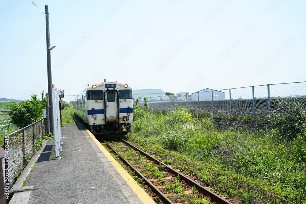 Naklejka premium Ibusuki Makurazaki Line Train at JR Nishi Oyama Station, the Southernmost JR Station, in Kagoshima, Japan - 日本 鹿児島 JR 指宿枕崎線 西大山駅 キハ47