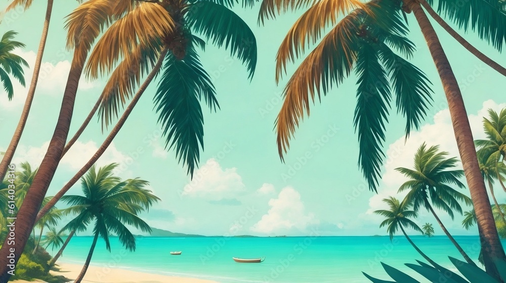 Fototapeta premium A Serene Illustration of a Beach Nestled Between Two Majestic Coconut Trees